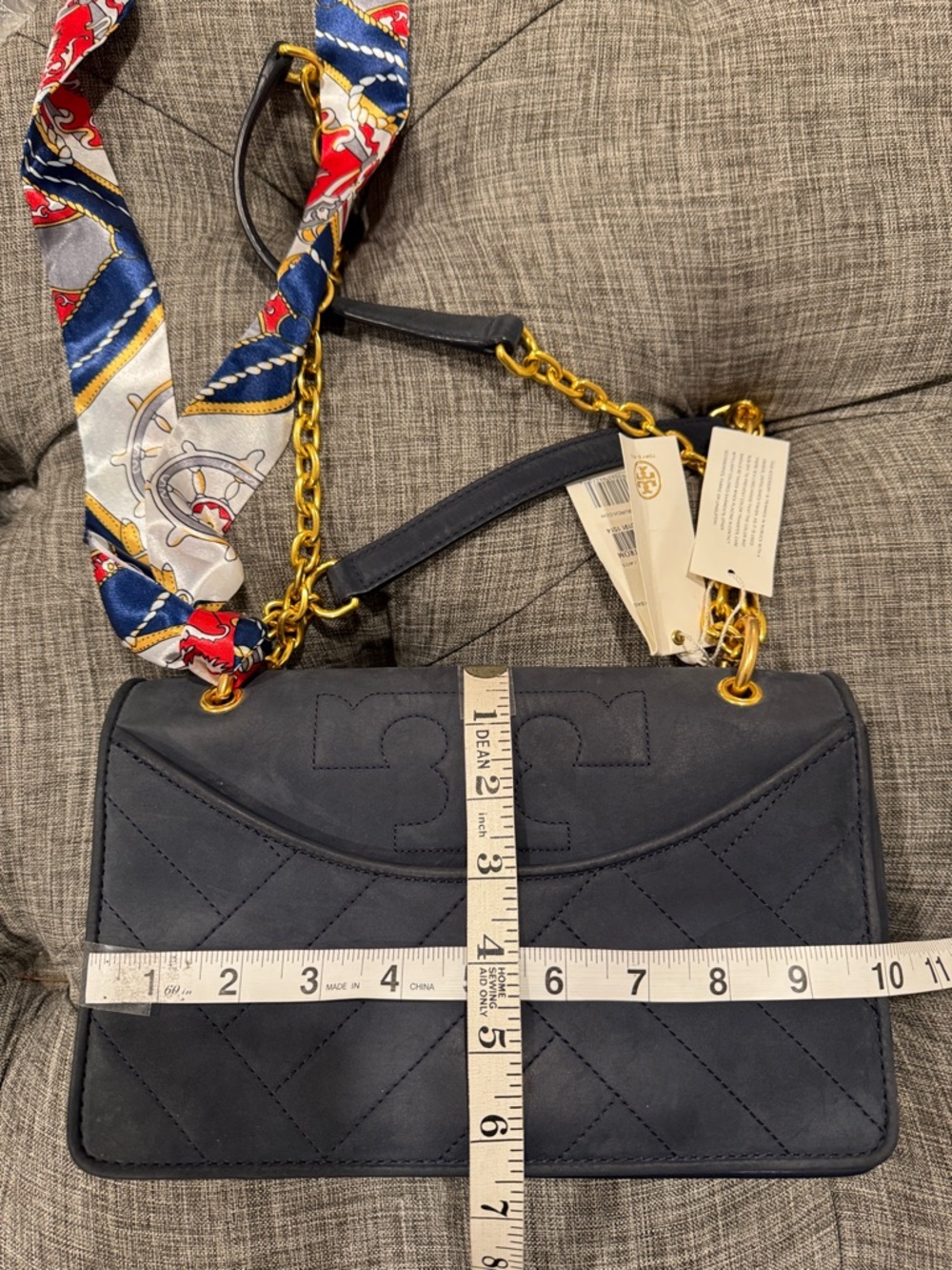 Tory Burch Bag Alexa Convertible Nubuck Suede Dark Navy Chevron Shoulder Bag - Picture 17 of 17